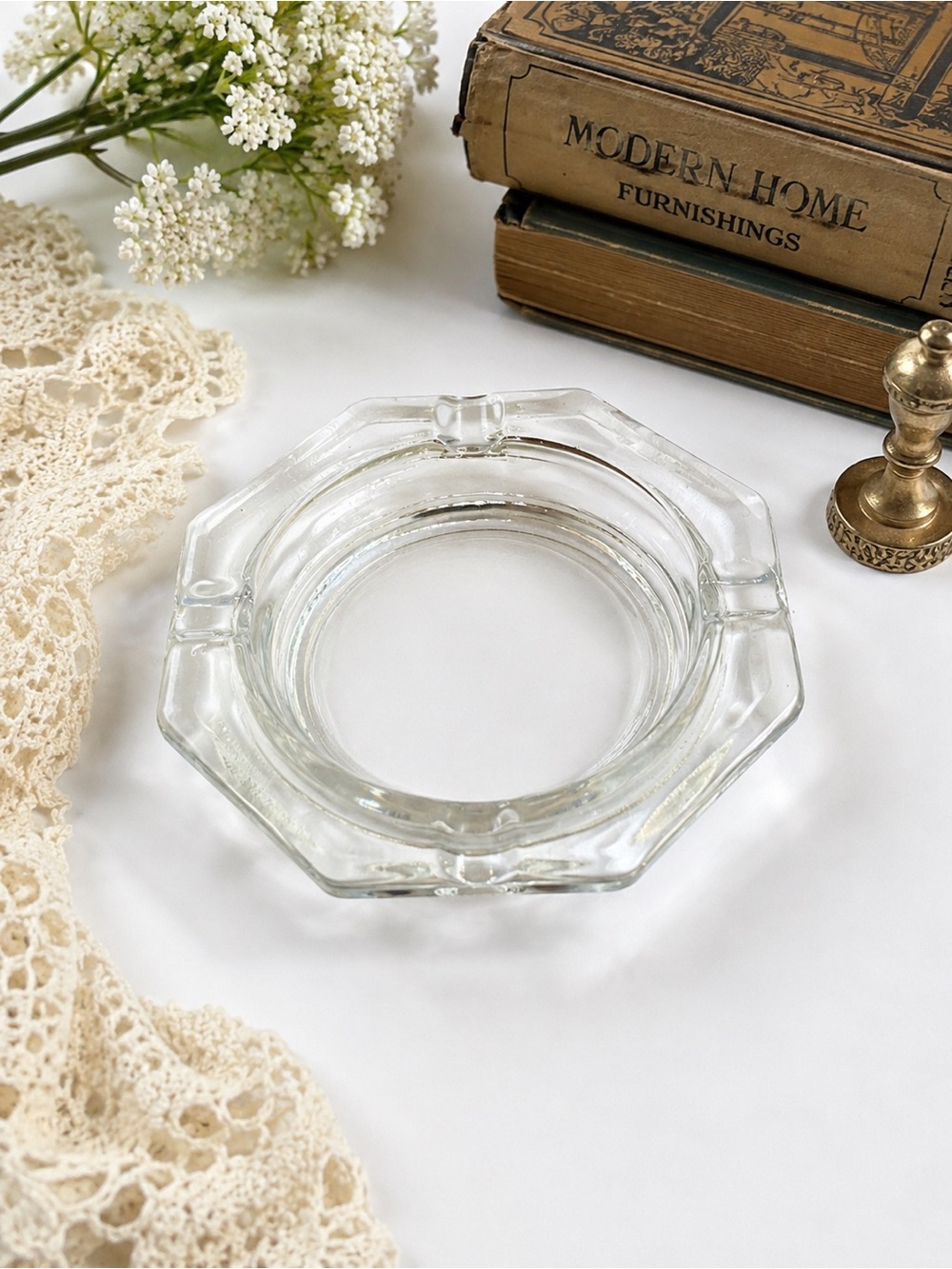 Vintage Ashtray Octagonal Clear Glass 4.5 IN Diameter Mid Century Modern